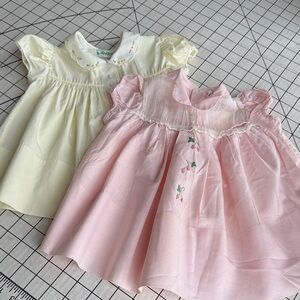 Vintage 1960s Toddler Dresses, Alfred Leon & Yolande, Embroidered Pink & Yellow